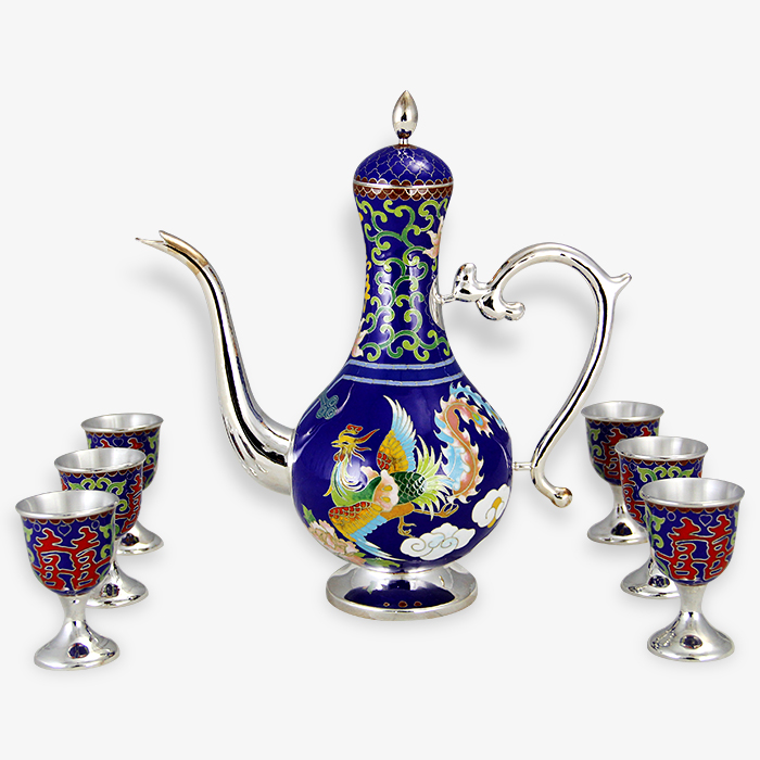 京锐景泰蓝龙凤呈祥银胎酒具七件套